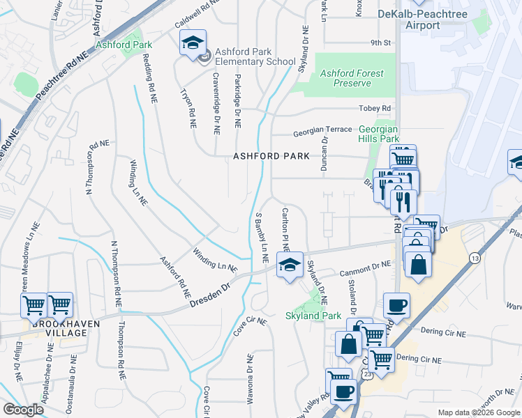 map of restaurants, bars, coffee shops, grocery stores, and more near 2732 South Bamby Lane Northeast in Atlanta