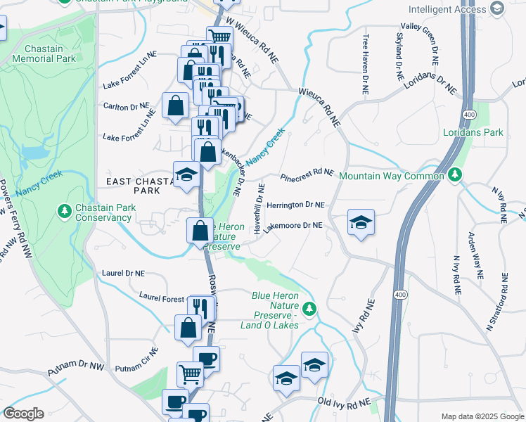 map of restaurants, bars, coffee shops, grocery stores, and more near 4046 Hazel Nut Lane in Atlanta
