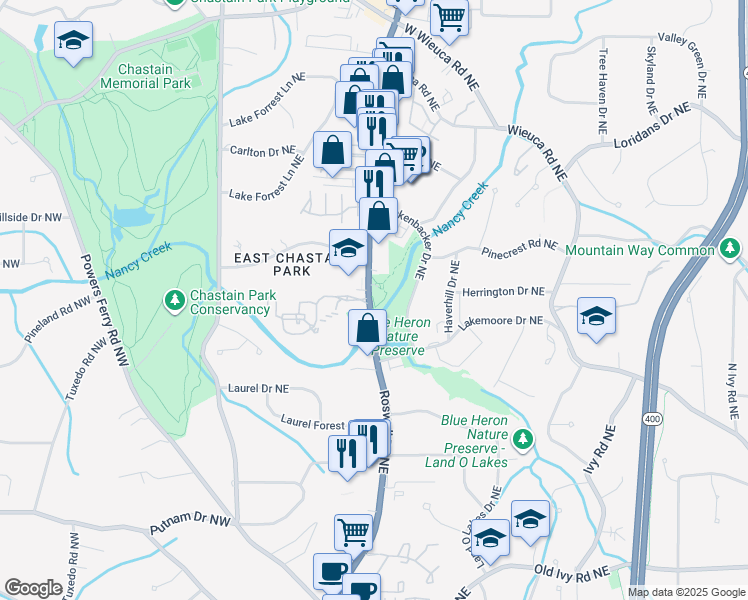 map of restaurants, bars, coffee shops, grocery stores, and more near 1403 Chastain Drive Northeast in Atlanta