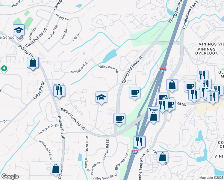 map of restaurants, bars, coffee shops, grocery stores, and more near 3528 Simpson Farm Drive Southeast in Smyrna