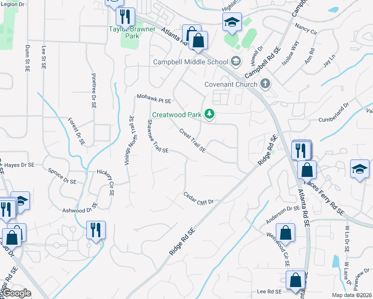 map of restaurants, bars, coffee shops, grocery stores, and more near 3471 Shawnee Trail Southeast in Smyrna
