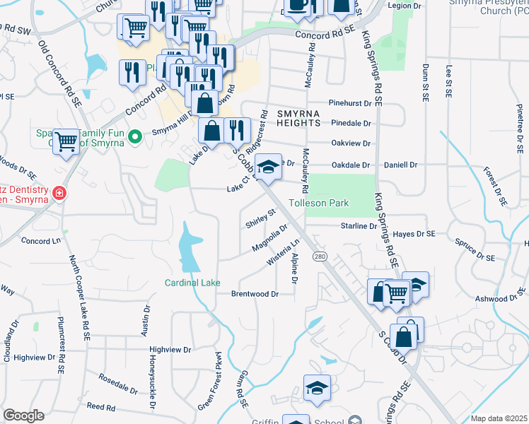 map of restaurants, bars, coffee shops, grocery stores, and more near 975 Shirley Street in Smyrna