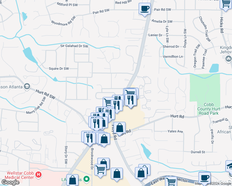 map of restaurants, bars, coffee shops, grocery stores, and more near 1615 Park Brooke Circle Southwest in Marietta