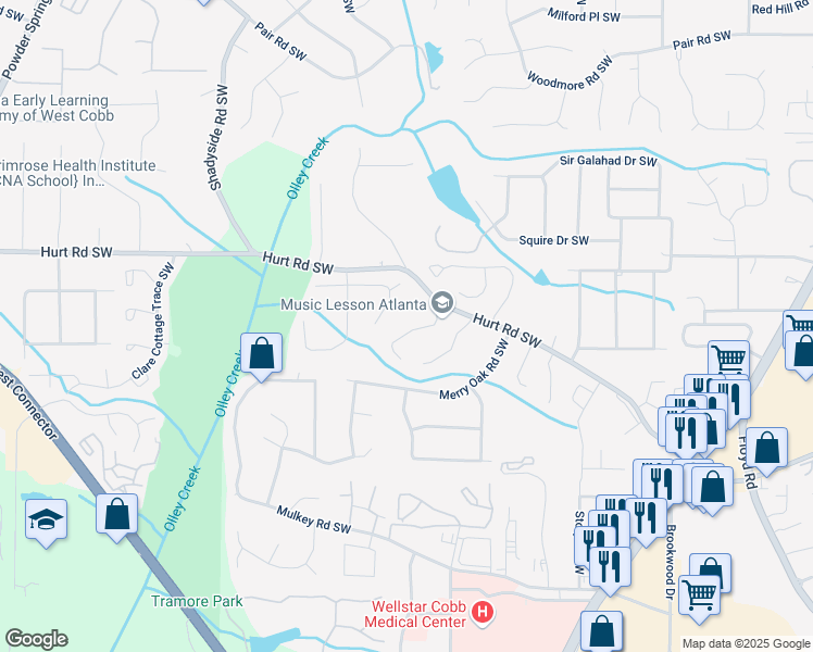 map of restaurants, bars, coffee shops, grocery stores, and more near 3589 Main Station Drive Southwest in Marietta