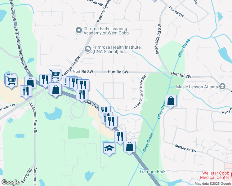 map of restaurants, bars, coffee shops, grocery stores, and more near 3551 Skyline Terrace Southwest in Marietta