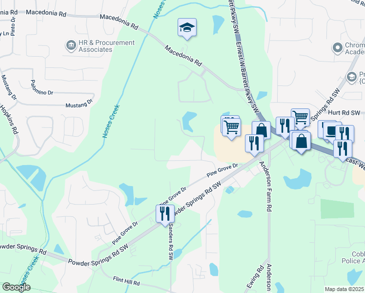map of restaurants, bars, coffee shops, grocery stores, and more near 2910 Robertswood Drive in Powder Springs