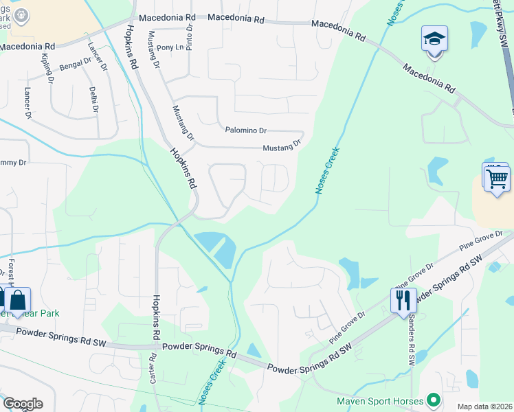 map of restaurants, bars, coffee shops, grocery stores, and more near 3520 Ten Oaks Court in Powder Springs