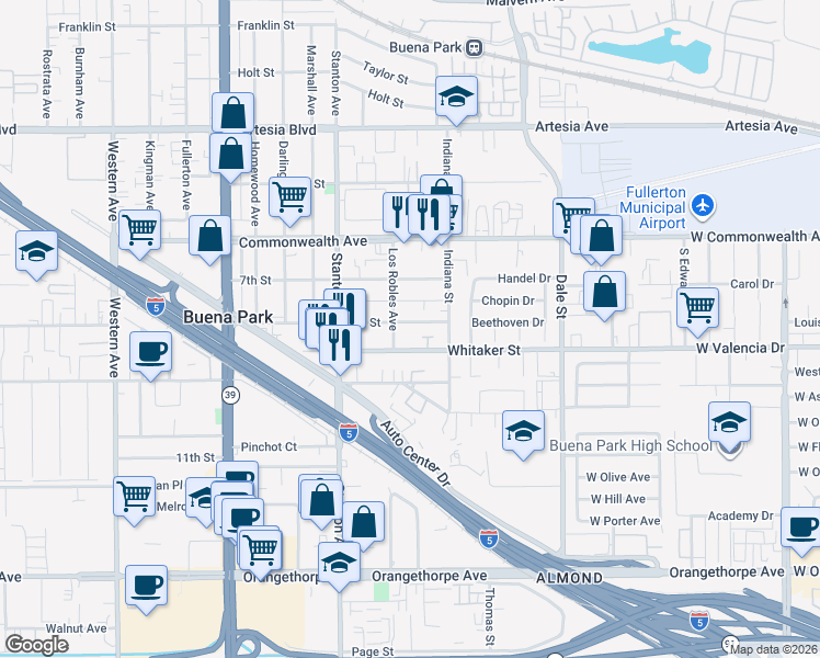 map of restaurants, bars, coffee shops, grocery stores, and more near 8152 8th Street in Buena Park