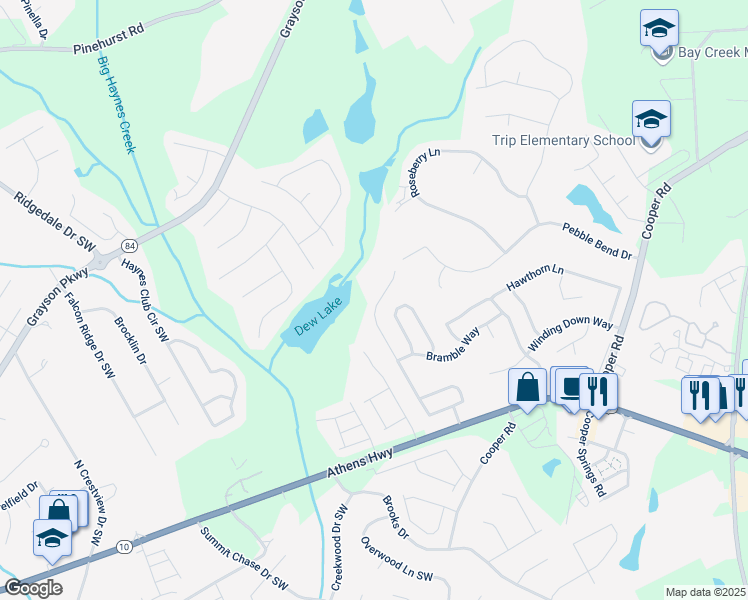 map of restaurants, bars, coffee shops, grocery stores, and more near 2601 Farmstead Court in Grayson
