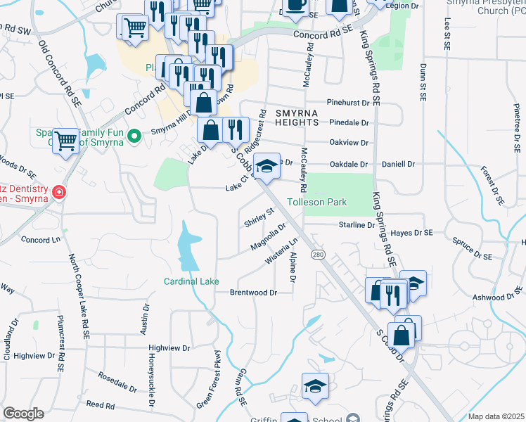 map of restaurants, bars, coffee shops, grocery stores, and more near 975 Shirley Street in Smyrna