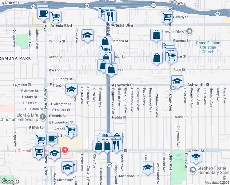 map of restaurants, bars, coffee shops, grocery stores, and more near 6138 Pepperwood Avenue in Lakewood