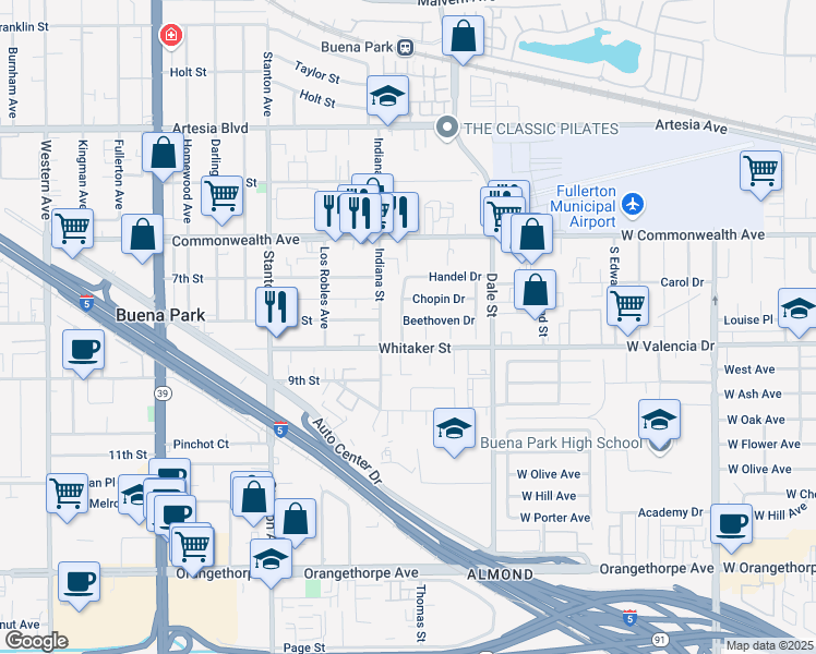 map of restaurants, bars, coffee shops, grocery stores, and more near 8300 Beethoven Drive in Buena Park