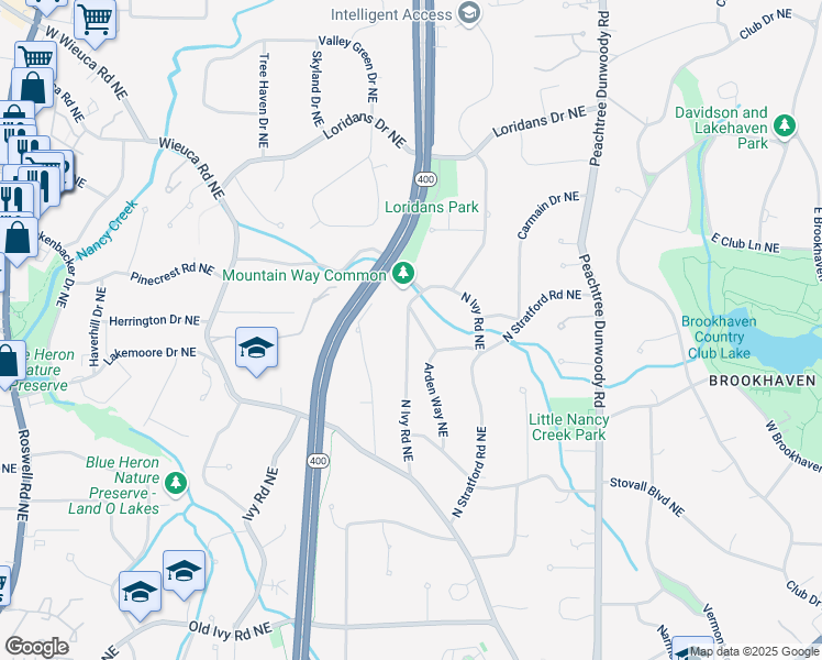 map of restaurants, bars, coffee shops, grocery stores, and more near 675 Mountain Drive Northeast in Atlanta