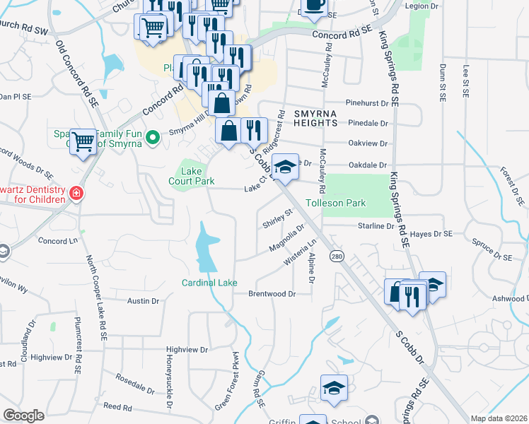 map of restaurants, bars, coffee shops, grocery stores, and more near 3539 Westbrook Drive in Smyrna