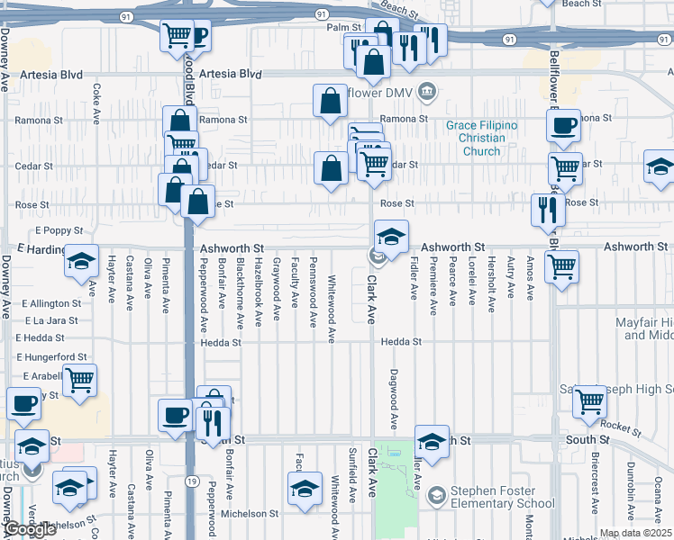 map of restaurants, bars, coffee shops, grocery stores, and more near 6138 Whitewood Avenue in Lakewood