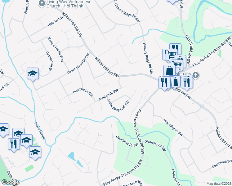 map of restaurants, bars, coffee shops, grocery stores, and more near 4290 Weston Drive Southwest in Lilburn