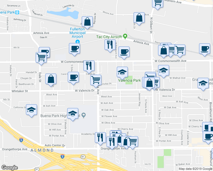 map of restaurants, bars, coffee shops, grocery stores, and more near 3610 Louise Place in Fullerton
