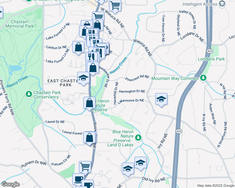 map of restaurants, bars, coffee shops, grocery stores, and more near 4046 Hazel Nut Lane in Atlanta