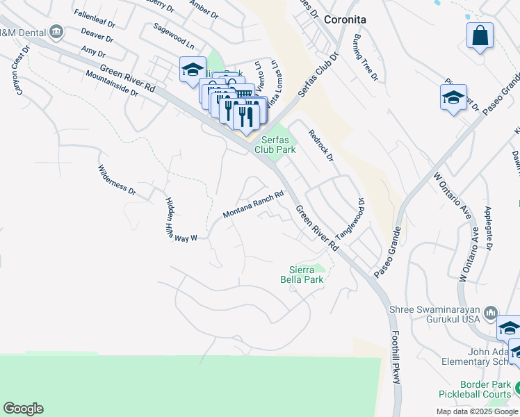 map of restaurants, bars, coffee shops, grocery stores, and more near 2550 San Gabriel Way in Corona