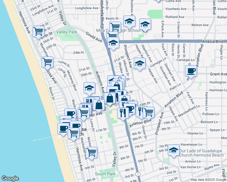 map of restaurants, bars, coffee shops, grocery stores, and more near 1600 Ardmore Avenue in Hermosa Beach
