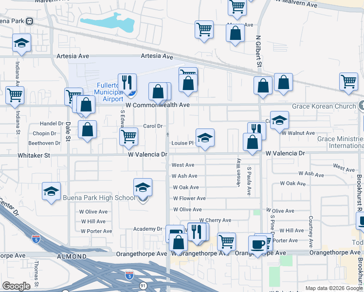 map of restaurants, bars, coffee shops, grocery stores, and more near 3610 Louise Place in Fullerton