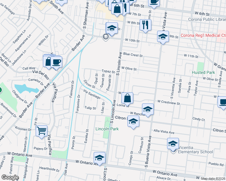 map of restaurants, bars, coffee shops, grocery stores, and more near 1580 South Lincoln Avenue in Corona