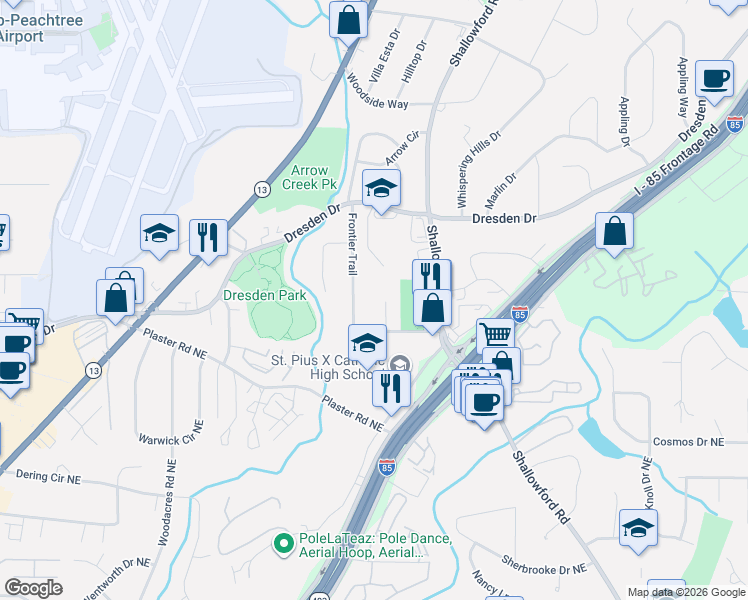 map of restaurants, bars, coffee shops, grocery stores, and more near 2728 Frontier Ct in Chamblee