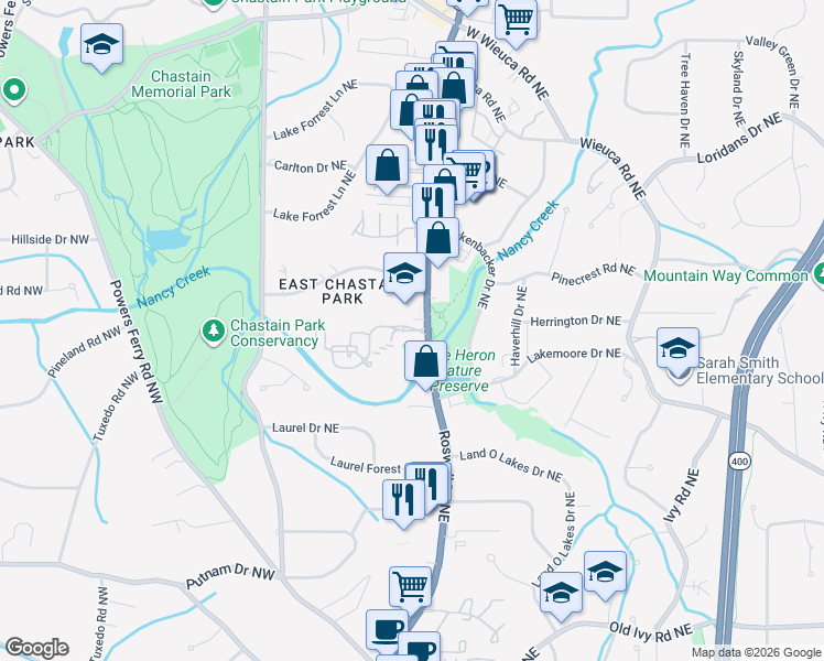 map of restaurants, bars, coffee shops, grocery stores, and more near 4090 Roswell Road Northeast in Atlanta