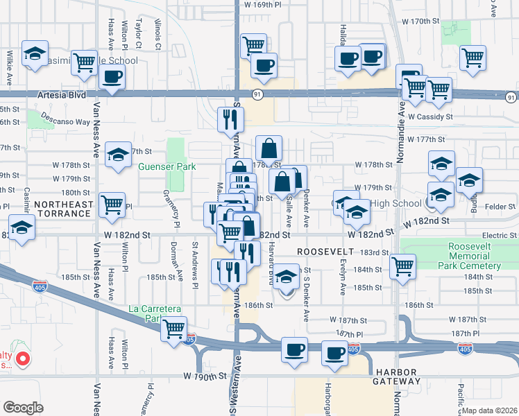 map of restaurants, bars, coffee shops, grocery stores, and more near 18012 South Hobart Boulevard in Gardena
