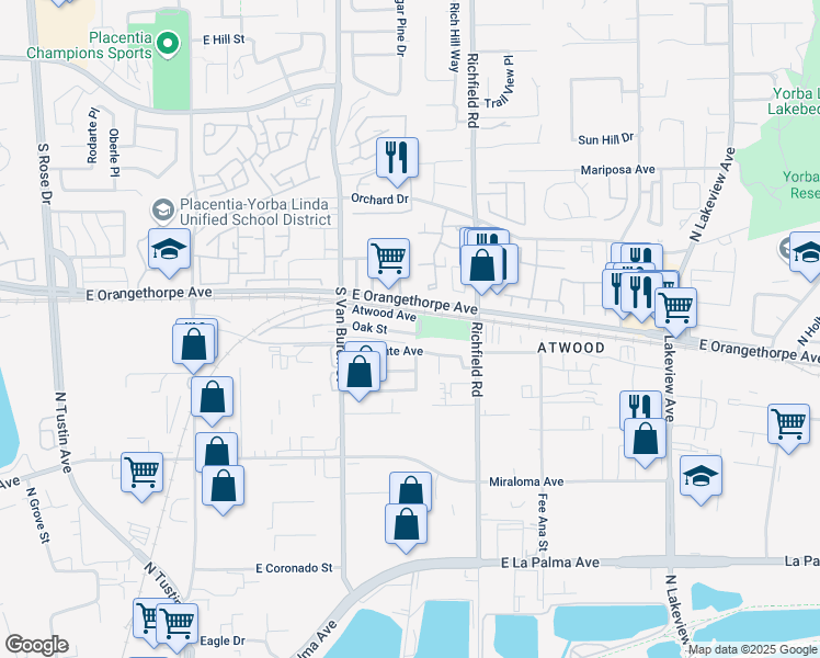 map of restaurants, bars, coffee shops, grocery stores, and more near 1663 Oak Street in Placentia