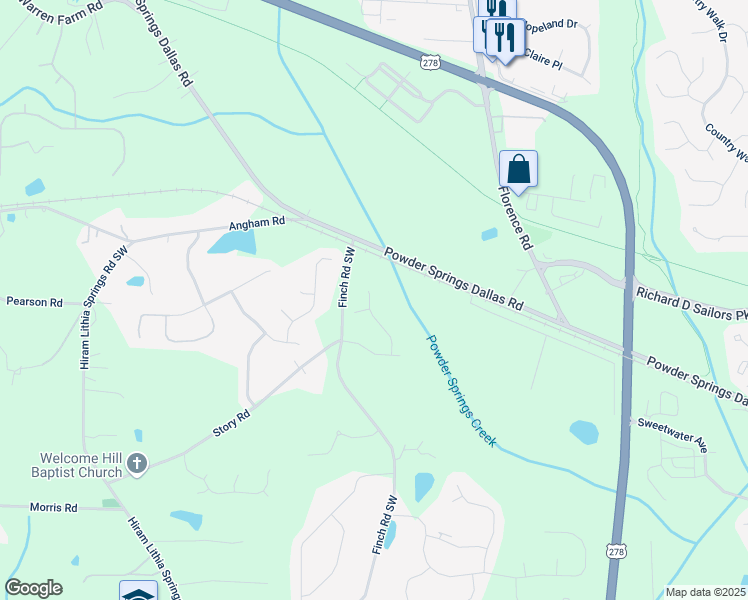 map of restaurants, bars, coffee shops, grocery stores, and more near 3617 Liberty Lane Southwest in Hiram