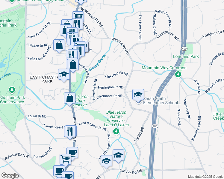 map of restaurants, bars, coffee shops, grocery stores, and more near 377 Herrington Drive Northeast in Atlanta