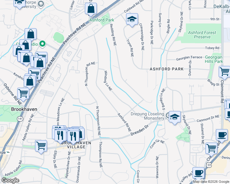 map of restaurants, bars, coffee shops, grocery stores, and more near 2719 Winding Lane Northeast in Atlanta