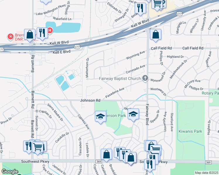 map of restaurants, bars, coffee shops, grocery stores, and more near 4506 Concord Road in Wichita Falls