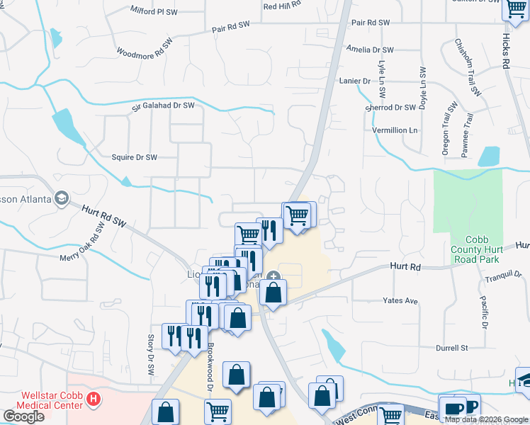 map of restaurants, bars, coffee shops, grocery stores, and more near 1615 Park Brooke Circle Southwest in Marietta