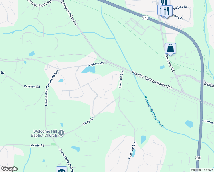 map of restaurants, bars, coffee shops, grocery stores, and more near 5203 Walnut Forest Lane in Hiram
