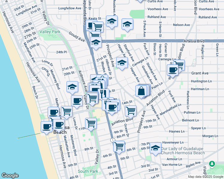 map of restaurants, bars, coffee shops, grocery stores, and more near 927 16th Street in Hermosa Beach