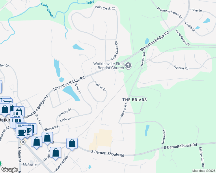 map of restaurants, bars, coffee shops, grocery stores, and more near 1091 Taylors Dr in Watkinsville