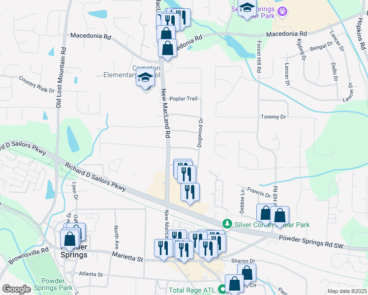 map of restaurants, bars, coffee shops, grocery stores, and more near Pine Valley Drive in Powder Springs