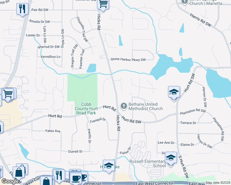 map of restaurants, bars, coffee shops, grocery stores, and more near 3592 Hicks Road in Austell