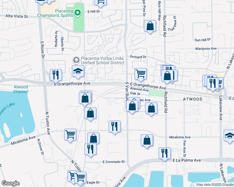 map of restaurants, bars, coffee shops, grocery stores, and more near 1556 Topeka Avenue in Placentia