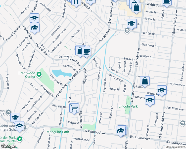 map of restaurants, bars, coffee shops, grocery stores, and more near 1284 Mayfair Drive in Corona