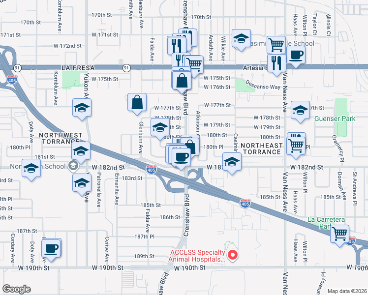 map of restaurants, bars, coffee shops, grocery stores, and more near 3805 180th Place in Torrance