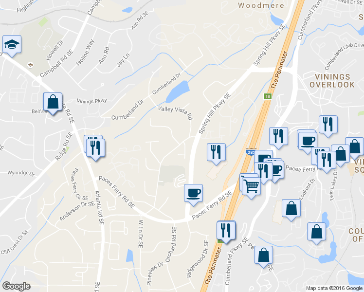 map of restaurants, bars, coffee shops, grocery stores, and more near 3528 Simpson Farm Drive Southeast in Smyrna