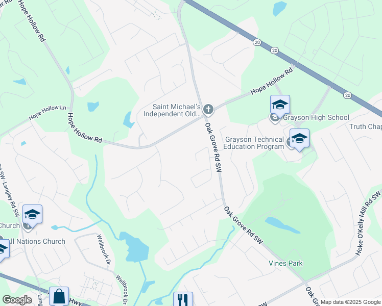 map of restaurants, bars, coffee shops, grocery stores, and more near 3010 Battlement Circle Southwest in Loganville