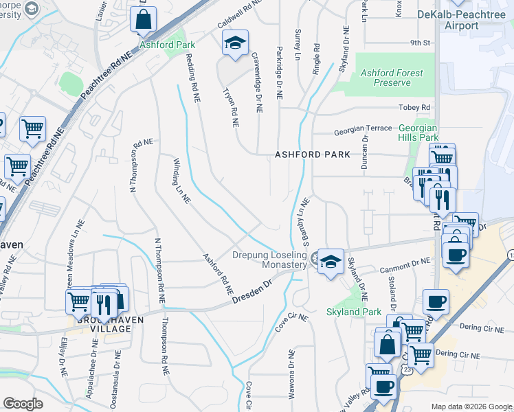 map of restaurants, bars, coffee shops, grocery stores, and more near 2701 Redding Road Northeast in Atlanta