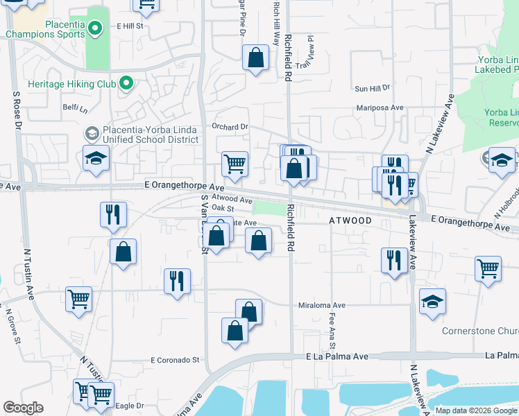 map of restaurants, bars, coffee shops, grocery stores, and more near 1701 Lincoln Street in Placentia