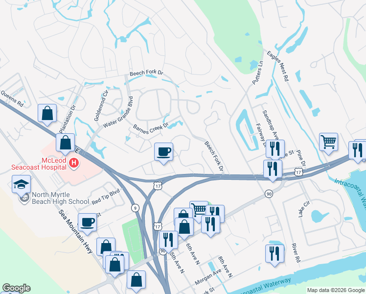 map of restaurants, bars, coffee shops, grocery stores, and more near 4463 Little River Inn Lane in Little River