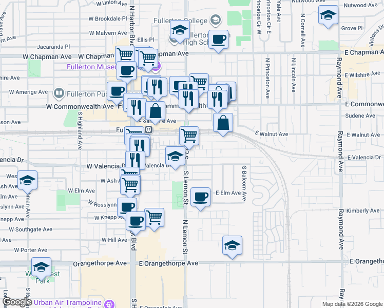 map of restaurants, bars, coffee shops, grocery stores, and more near 410 South Lemon Street in Fullerton