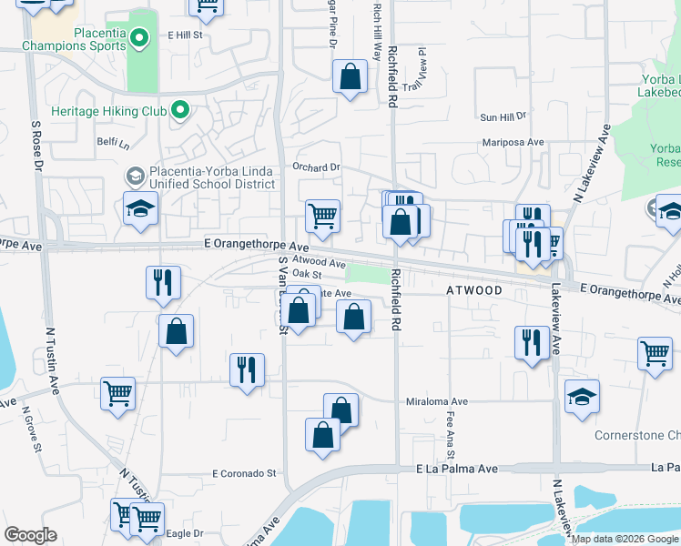 map of restaurants, bars, coffee shops, grocery stores, and more near 1701 Lincoln Street in Placentia